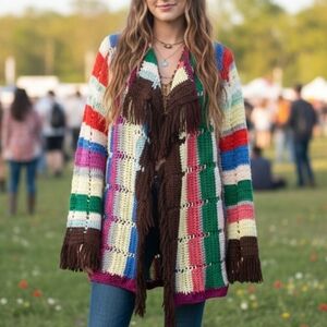 70's Handknit Patchwork💛💙❤💜Multicoloured Cardi/Jacket-Oversized